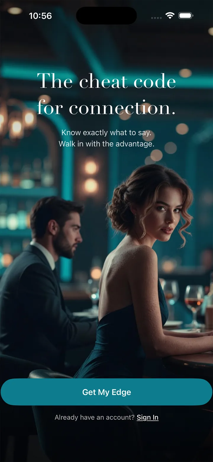 DaterUp! app home screen: “The cheat code for connection.”
